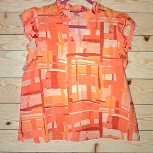 THML Large Womens Short Sleeve Pullover Blouse Orange/White Geometric EUC